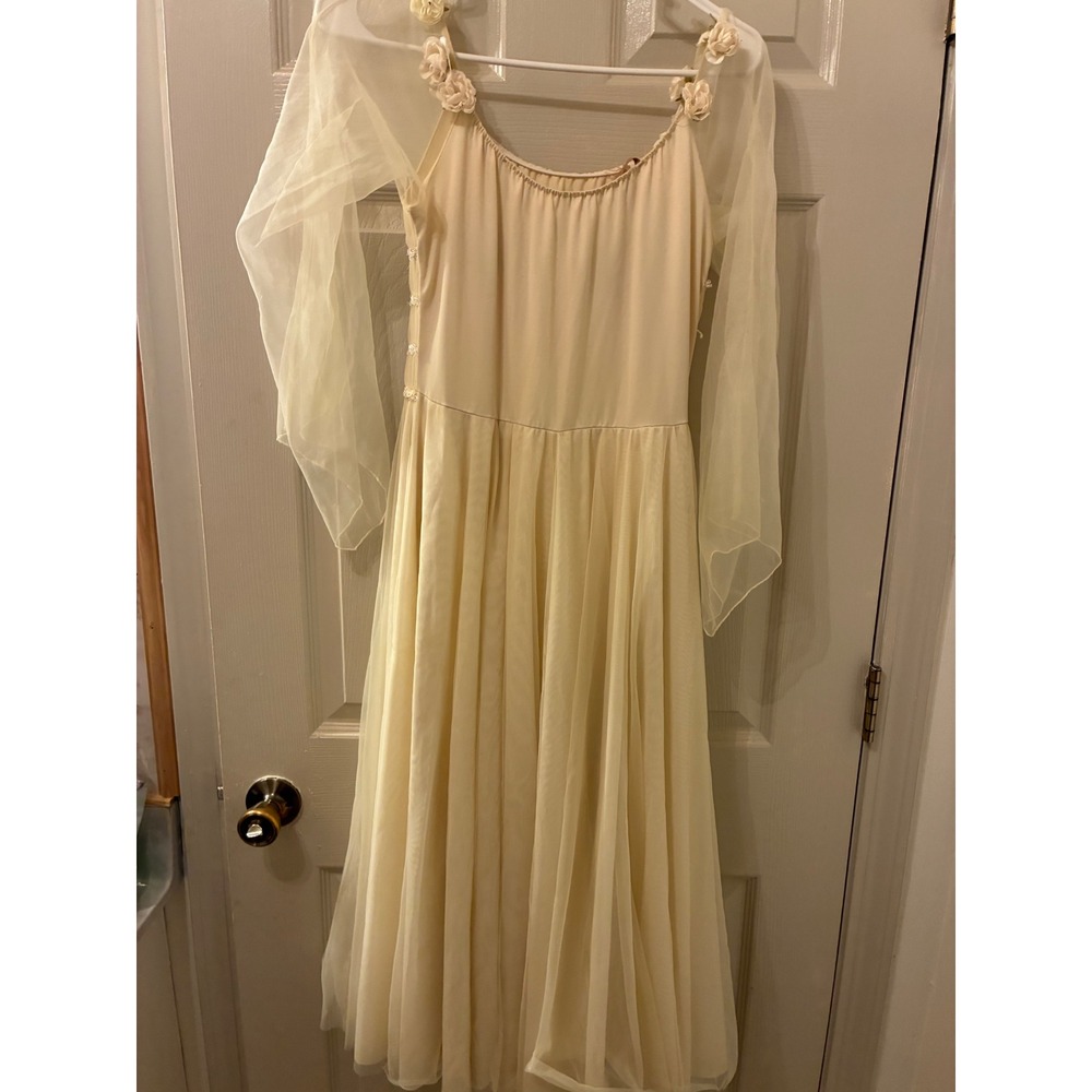 Designs by Valerry Cream Mesh Lyrical Dance Dress Sequin Floral Maxi Medium Adu